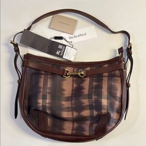 *Burberry Exploded Check Pattern Leather Trim Canvas Lining hobo